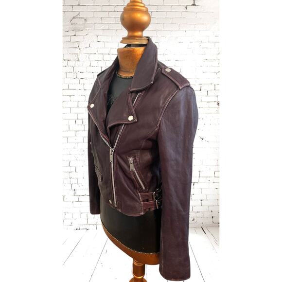 Amaryllis Distressed 100% Leather Moto Deep Jacket Purple Asymmetric Zip Size S - Picture 7 of 15